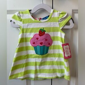 Ricrac & Ruffles Green and White Striped Cupcake Shirt NWT (Size 24 Months)